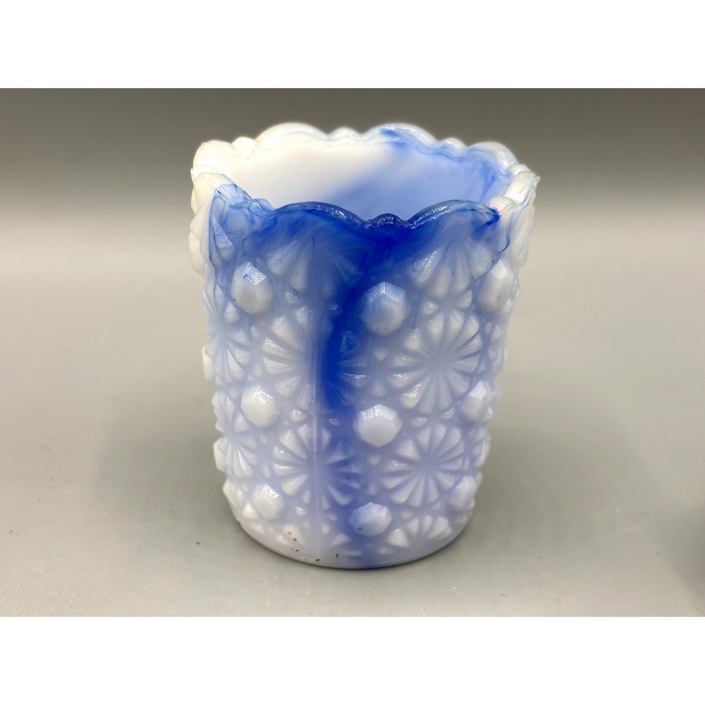 Vintage Blue White Slag Glass Toothpick Holder Daisy and Button Votive Holder